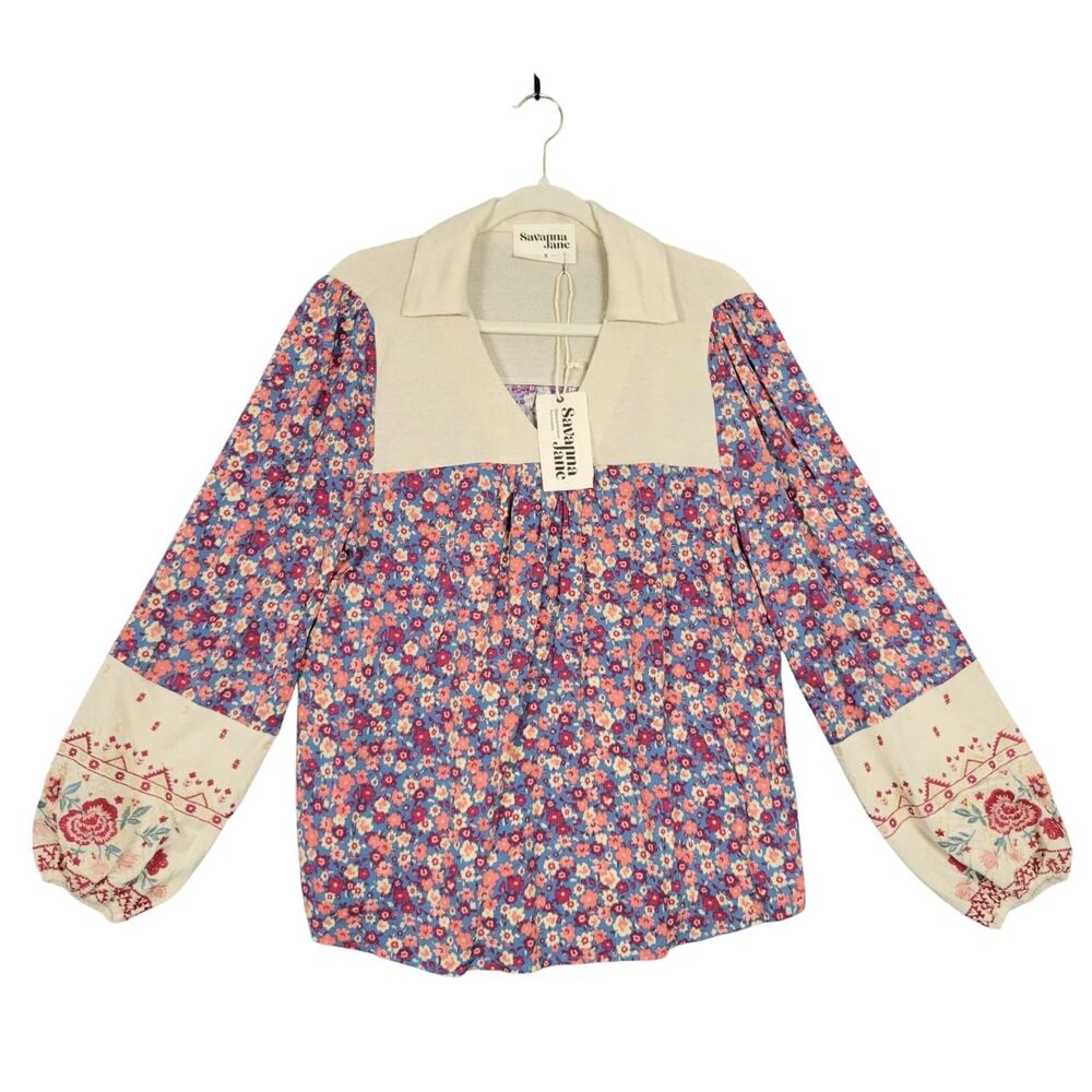 NWT SAVANNA JANE T12896 Floral Embroidered Mixed Media Boho Top SIZE SMALL